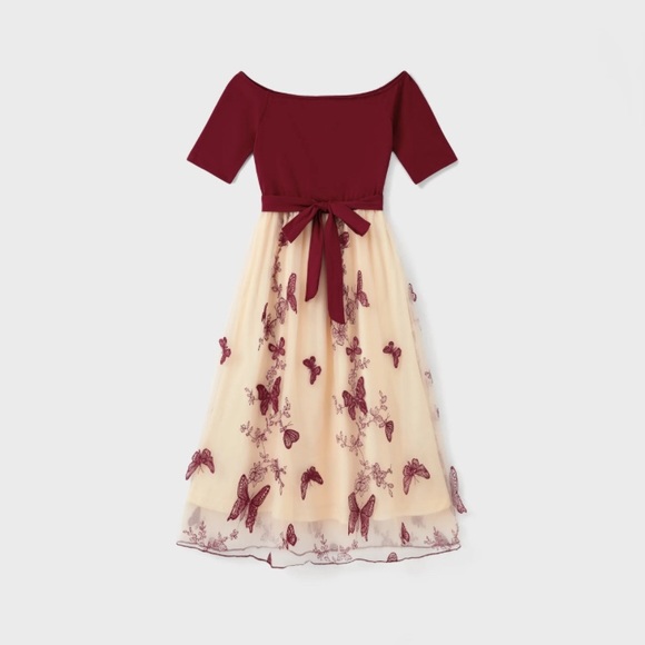 PatPat Dresses & Skirts - Burgundy Off-Shoulder Butterfly Embroidered Tulle / Mesh Dress, Women Size S